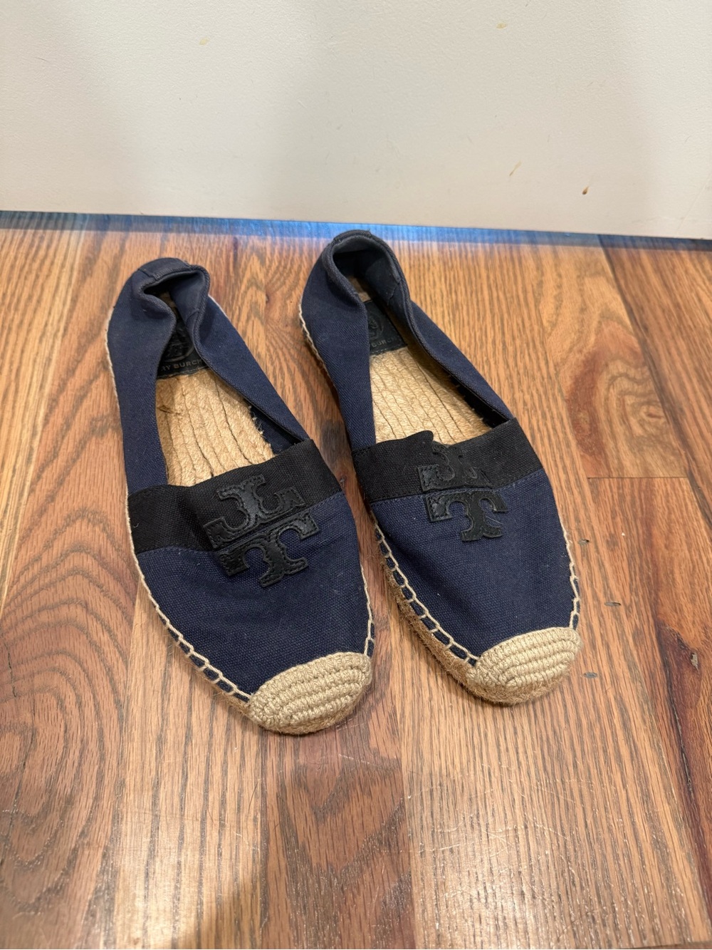 Tory Burch Navy Canvas Espadrille Slip-Ons with Black Logo